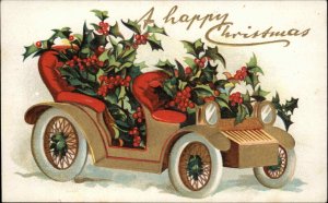 Christmas Holly Car Gilt Embossed c1900s-20s Postcard