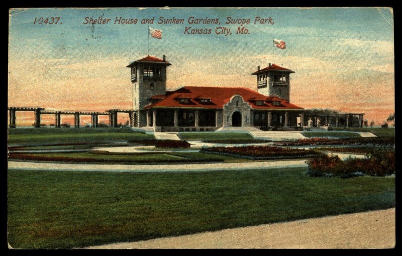 US Scott 398 on 1913 Postcard  sunken gardens Kansas City Mo. to Zurich