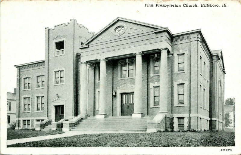 Vtg Carte Postale Hillsboro Illinois Il Premier Prebyterian Église CT Fini Photo