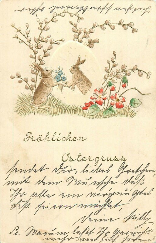 Humanized embossed rabbits Easter fantasy 1900 greetings postcard Germany 