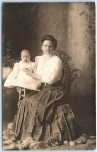 c1910s Cute Mother & Alert Baby Boy RPPC Fur Rug Sharp Real Photo Antique A185