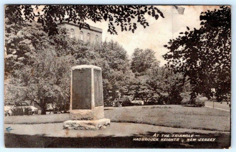 1954 HASBROUCK HEIGHTS NEW JERSEY*NJ*MONUMENT*AT THE TRIANGLE*VINTAGE POSTCARD 