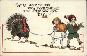 Tuck Thanksgiving Little Girl and Boy Turkey Pumpkin Vintage Postcard