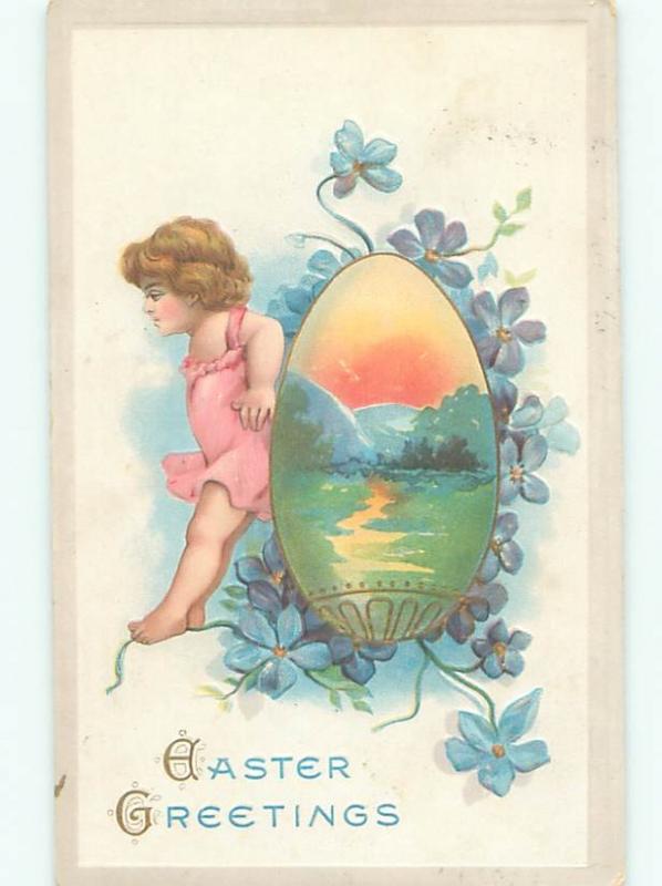 Pre-Linen Easter CHILD WITH SUNSET SCENE AB4120