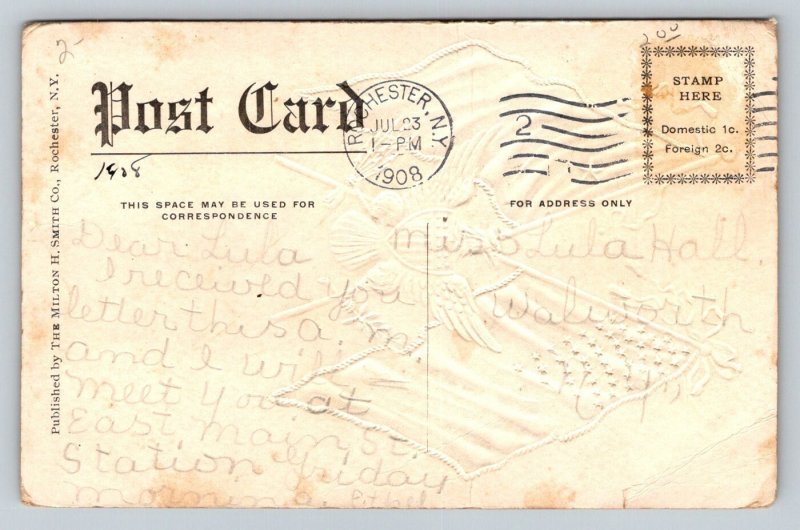 1908 Embossed Patriotic Postcard US & Cuba Flags Eagle Milton H. Smith