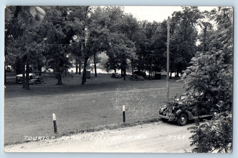 Jackson Minnesota MN Postcard RPPC Photo Tourist Park Cars Scene 1947 Vintage