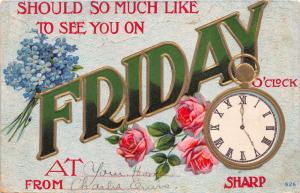 SHOULD SO MUCH LIKE TO SEE YOU ON FRIDAY~EMBOSSED GREETING POSTCARD~ROSEWOOD OH