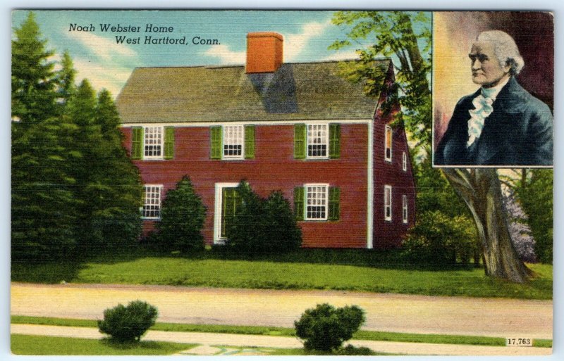 c1940s W. Hartford, CT Noah Webster's Home House Roadside Portrait Linen PC A271