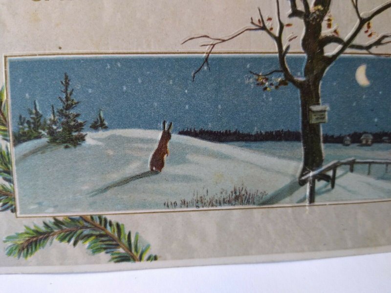 Christmas Postcard Bunny Rabbit In Snow Crescent Moon Thermometer Embossed Card 