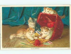 Pre-Linen CUTE KITTEN CATS PLAYING WITH BALL OF YARN AC5451@
