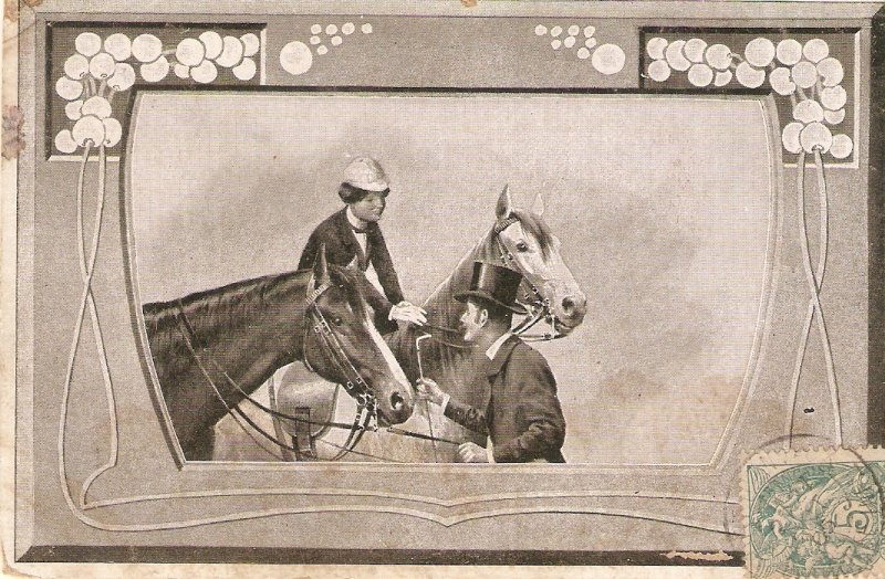 Elegant couple. Meeting with their horses Old vintage French  postcard