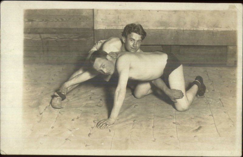 Shirtless Handsome Men Wrestling Gay Interest c1910 Real Photo Postcard