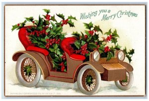 c1910's Christmas Car Decorated Holly Berries Clapsaddle (?) Embossed Postcard