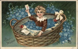 Best Wishes Little Boy in Basket with Flowers Embossed c1910 Vintage Postcard