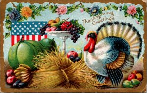 Postcard Thanksgiving Greetings Turkey Wheat Fruits Vegetables Harvest 1911 K43