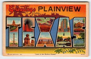 Greetings From Plainview Texas Large Big Letter Postcard Linen Curt Teich 1959