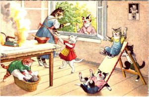 Mainzer DRESSED CATS #4733 IRON BURN/SLIDE  Max Kunzli ANTHROPOMORPHIC  Postcard