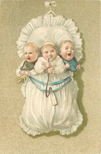 Early PFB Embossed Postcard: Babies Triplets Various Temperaments in Hanging Bag