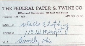 1938 THE FEDERAL PAPER & TWINE CO AKRON OHIO ORRVILLE BILLHEAD STATEMENT Z368