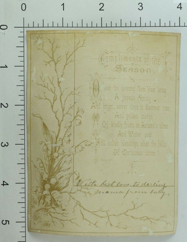 1870's-80's Victorian Christmas Card Poem Night Scene Moon Snow Old Lady Boy &A