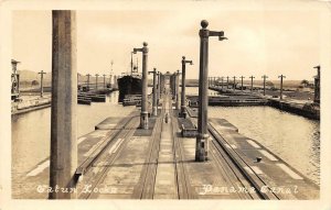 RPPC GATUN LOCKS PANAMA CANAL SHIP REAL PHOTO POSTCARD (c. 1920s)