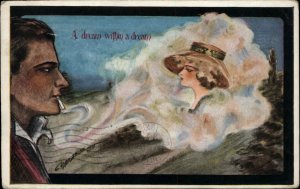 Man Smoking Cigarette Thinks of Beautiful Woman in Smoke c1910 Postcard