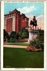 VINTAGE POSTCARD THE RITZ CARLTON HOTEL AND WASHINGTON STATUE BOSTON MASS 1928