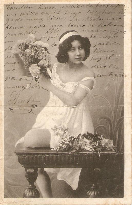 Sexy lady with flowers bouquet Nice antique postcard