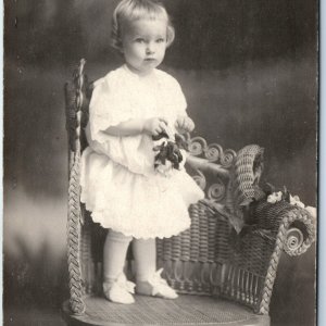 1910s Adorable Little Girl RPPC Cute Baby Wicker Flower Real Photo Postcard A121