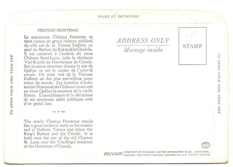 Chateau Frontenac, Montreal, Folkard Lettercard
