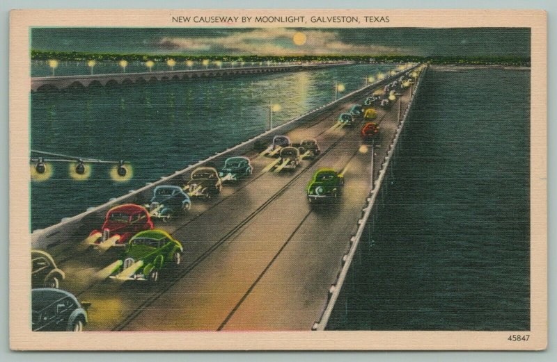 Galveston Texas~New Causeway by Moonlight~13,200ft~4 Lane Hwy~Postcard 