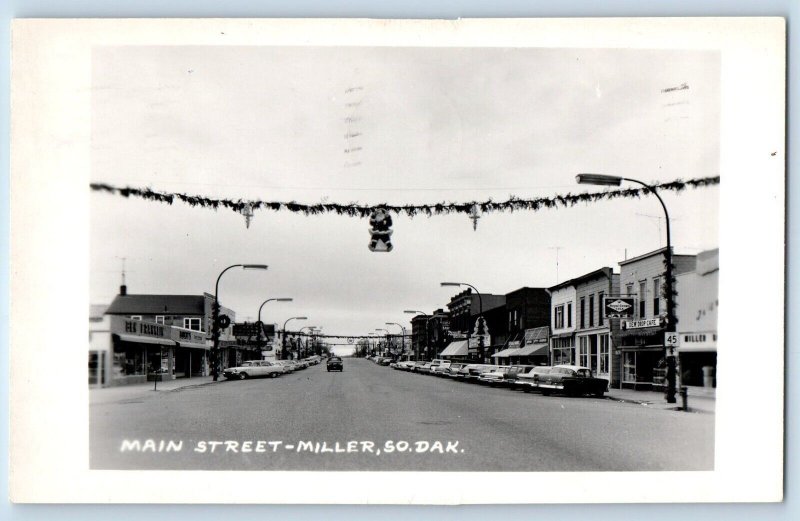 Miller South Dakota SD Postcard RPPC Photo Main Street Royal Crown Cafe Cars