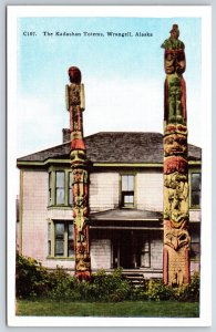 Wrangell Alaska~The Kadashan Totems Outside Home~HH Tammen Vintage Postcard