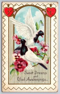 Sweet Dreams And Glad Awakenings, Doves Pansies Hearts, 1913 BS Rogers Postcard