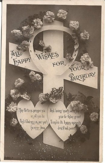 Happy Wishes for your Birthday Cross, Carnations, Horseshoe, Black and White