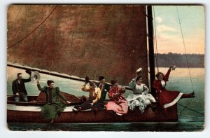 Ship Boat Postcard Victorian Women Wave Hats On Sailboat American News Antique