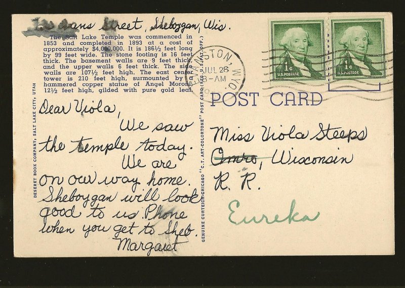 USA Postmark 1956 Evanston WYO. Mormon Temple Salt Lake City Utah Linen Postcard