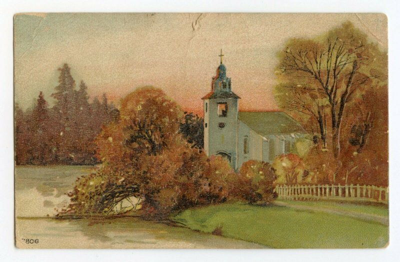 Postcard Country Church Autumn Scene Embossed Standard View Card 