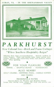 Parkhurst Luray Virginia Virginia nuevo Colonial Inn Vintage Postcard UNP Vintage no utilizado 