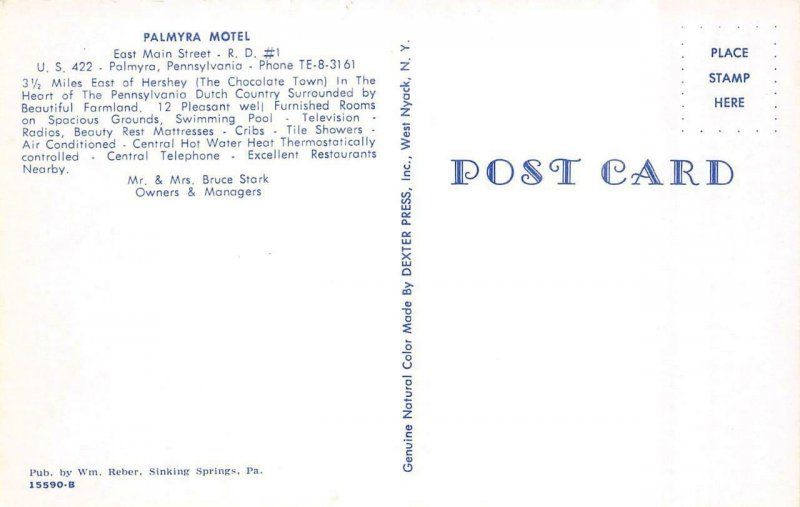 PALMYRA, Pennsylvania PA   PALMYRA MOTEL~Bruce Stark  POOL  Roadside  Postcard