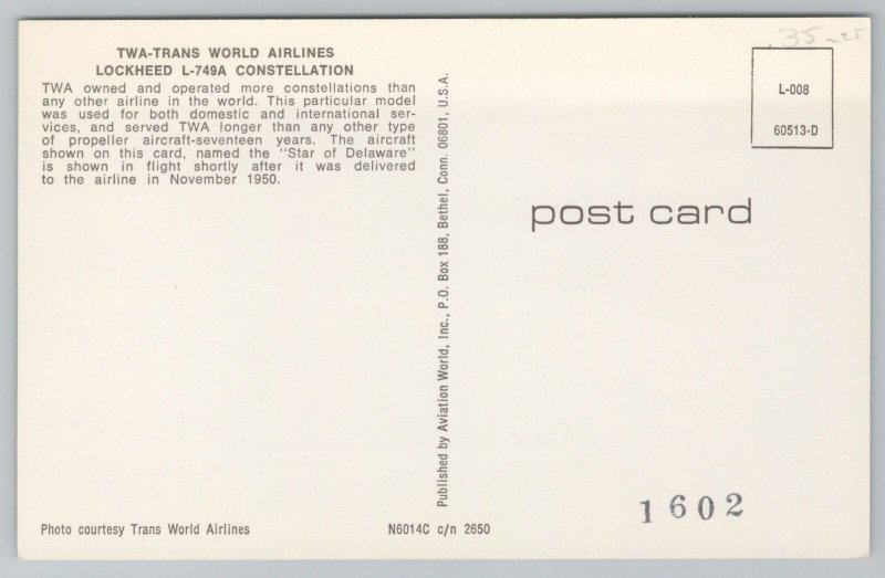 Aircraft~Trans World Airlines Lockheed L-749A~Vintage Postcard 