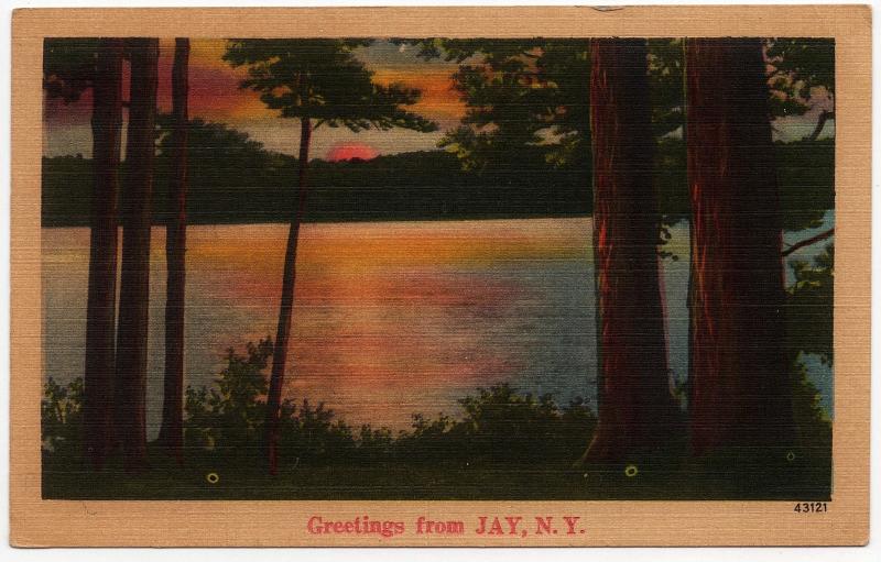 1930-45 Greetings From JAY NY Essex New York NYCE Landscape RARE Linen Postcard