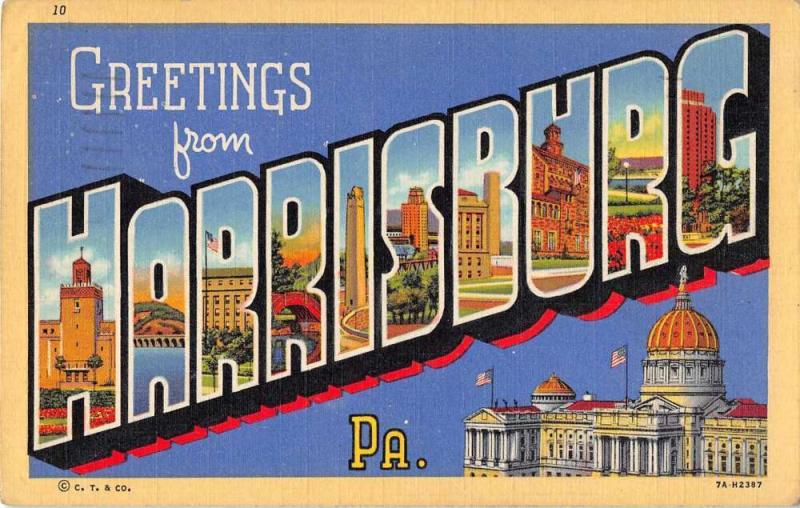 Harrisburg Pennsylvania Large Letter Linen Antique Postcard J49850