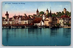 Lake Bridge & Musegg Old Lucerne in Switzerland Vintage Postcard 0562