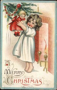 Christmas Children Doll Fireplace Embossed SB c1900s-20s Postcard