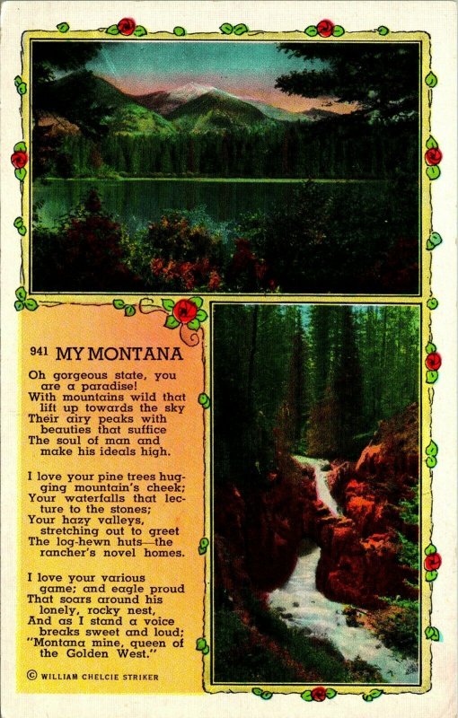 My Montana Poem By William Chelcie Striker Linen UNP Vtg Linen Postcard