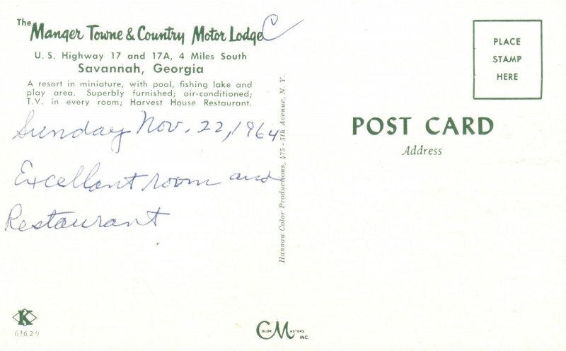 Vintage Postcard Resort Manger Towne & Country Motor Lodge Savannah Georgia GA