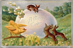 Postcard Happy Easter with bunnies and chic