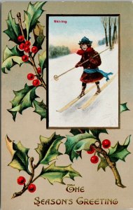 Skiing Skier Christmas Season's Greetings Girl c1910 Valentine Sons Postcard G36