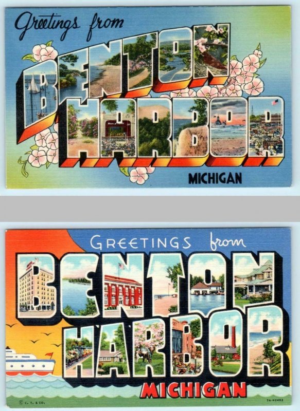 2 Large Letter Linens BENTON HARBOR, MICHIGAN  c1940s Curteich, Tichnor Postcard